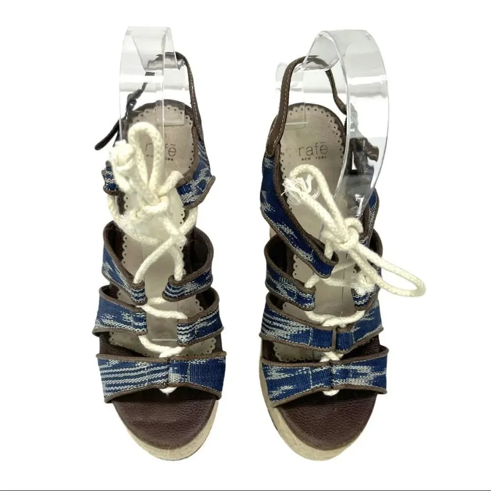 Rafe New York Espadrille Wedges Platform Sandals Blue Tribal Print Size 7